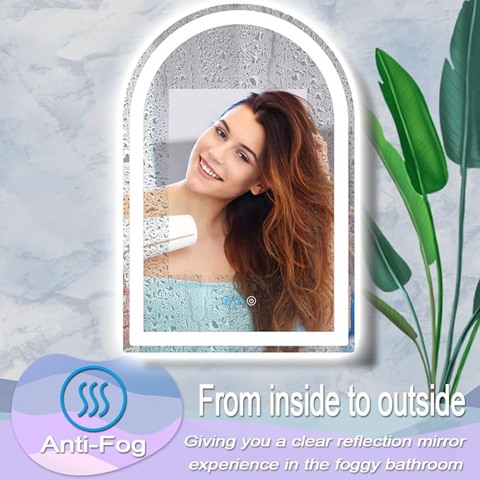 38 x 26 Inch Bathroom Arch Vanity Mirror with Light Arch LED Mirror for Bathroom Wall Table Arched Lighted Mirror Anti Fog Dimmable 3 Color 38" Half Round Arched Smart LED Light up Mirror