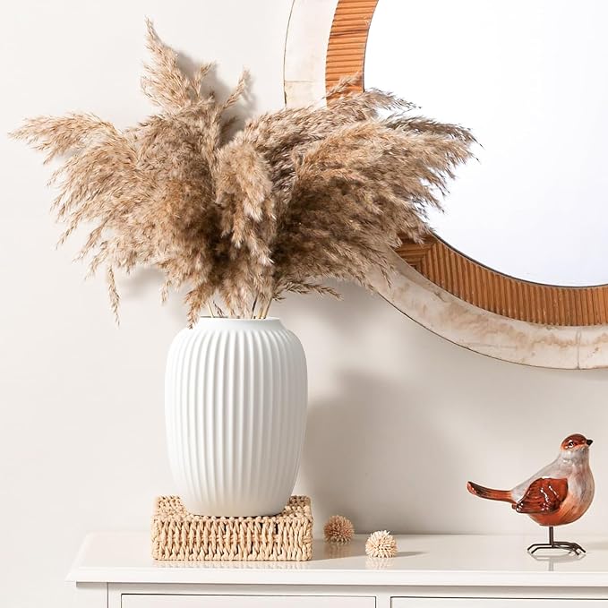 White Ceramic Vase for Modern Home Decor, Minimalistic Nordic Boho Matte Vase for Decorating Farmhouse Central Location, Perfect for Wedding Table Living Room Office Bedroom Kitchen Gift