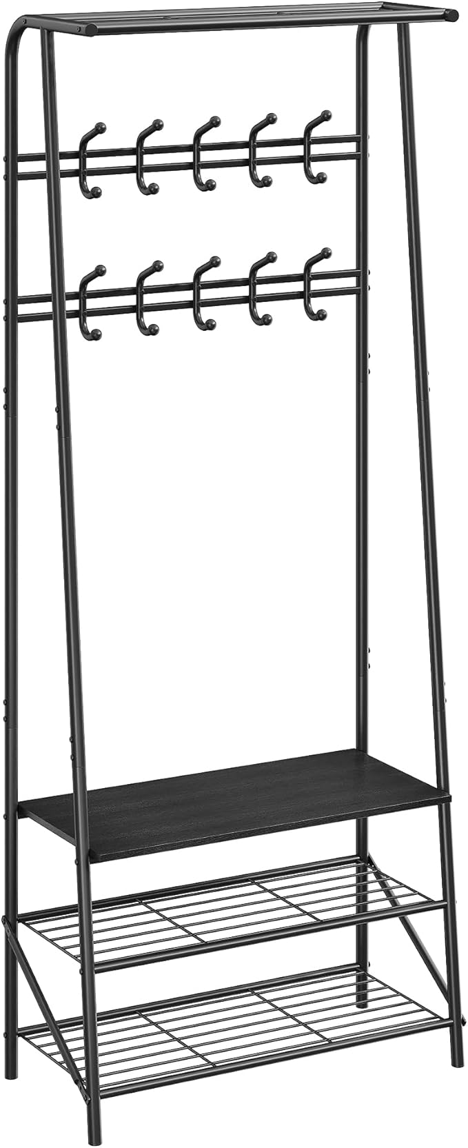 Entryway Hall Tree Coat Rack with Shoe Storage Bench, 10 Hooks & Clothes Rail – Wood Look, Metal Frame – Multifunctional Organizer for Hallway, Black – Double Row Hook, 60cm Wide, Black