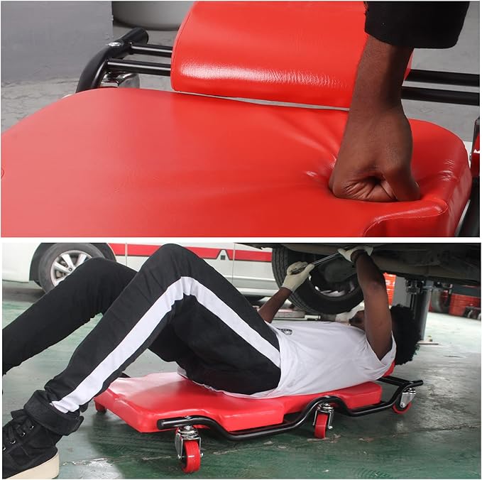 BESTOOL 44Inches Mechanic Creeper- Automotive Garage Creeper with 6 Sturdy Casters, Metal Frame Mechanic Creeper, Low Profile Design with Headrest, Red