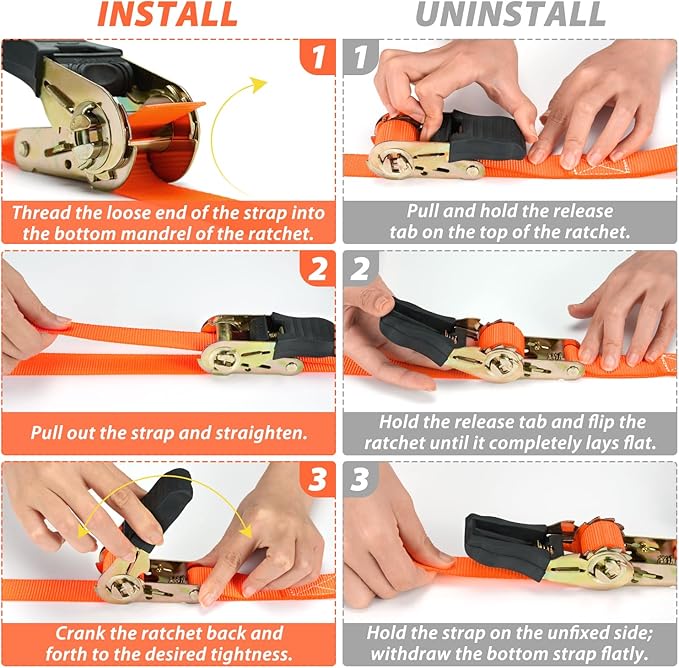 Ratchet Tie Down Strap 8-Pack 15 Ft - 500 lbs Load Cap with 1500 lbs Breaking Limit, Ohuhu Ratchet Tie Downs Logistic Cargo Straps for Moving Appliances, Motorcycle, Orange