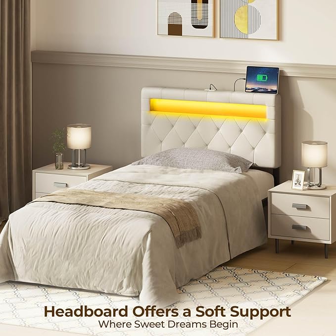 GREENSTELL Headboard for Twin Size Bed with 60,000 DIY Color of LED Light, USB & Type C Post, Attach Frame, Height Adjustable, White Leather Wall Mounted Head Boards Only, Sturdy & Stable, Twin