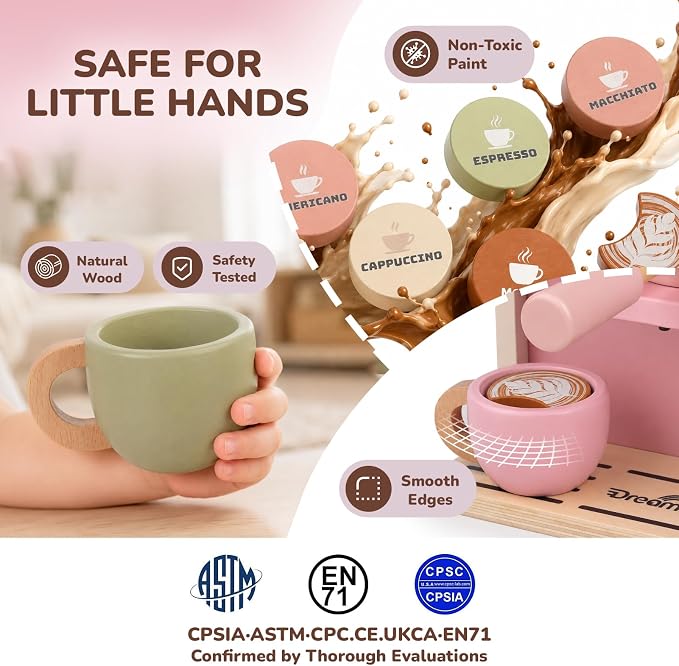 Dreamon Toy Coffee Maker Wooden Kitchen Accessories for Kids Pretend Play | Realistic Kids Coffee Playset with Moving Parts, Montessori Kitchen Toys for 3 4 5 Year Old Boys & Girls Birthday Gifts, Pink