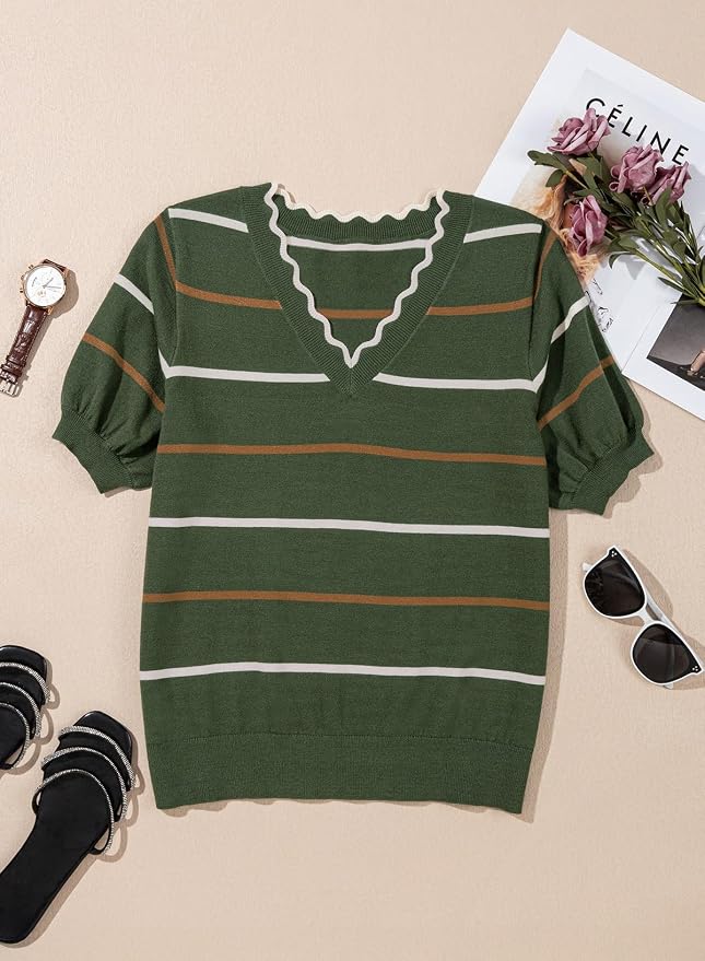Dokotoo Womens Summer Short Sleeve Knit Tops 2026 Spring Trendy Casual V Neck Striped Sweater Blouses