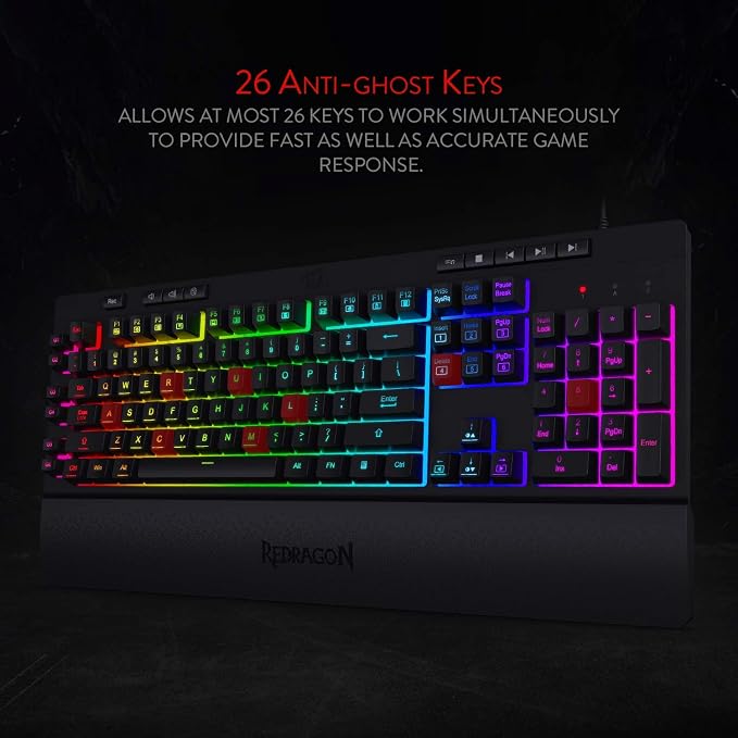 Redragon K512 RGB Membrane Gaming Keyboard, 6 Macro Keys & Easy Media Wheel | Dedicated Scroll Controls, No Software Needed 6 On-the-Fly Combos for Extensive Games, 13 Backlight Modes, Wrist Support