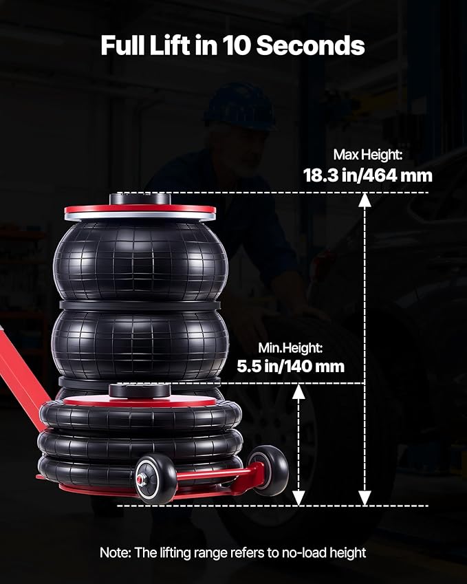 VEVOR Air Jack, 5 Ton/11023 lbs Triple Bag Air Jack, Airbag with Six Steel Pipes, Lift Up to 18.3 inch/464 mm, 4-10 s Fast Lifting Pneumatic with Adjustable Long Handle for Cars, SUVs, Pickup Trucks