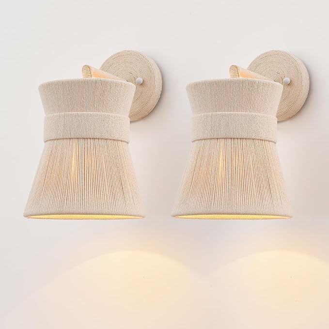 Set of Two Hand Woven Wall Sconces Boho Wall Lamp White Coastal Wall Lights for Bedside Hallway Vanity Stairway Fireplace Living Room, UL Listed