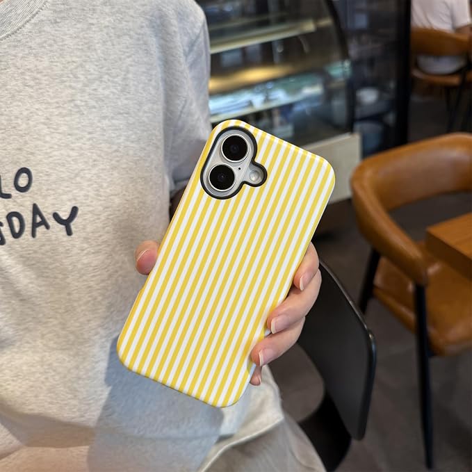 for iPhone 16 Case Striped Cute Aesthetics Phone Case Trendy Protective Shockproof Cover for iPhone 16 Yellow White