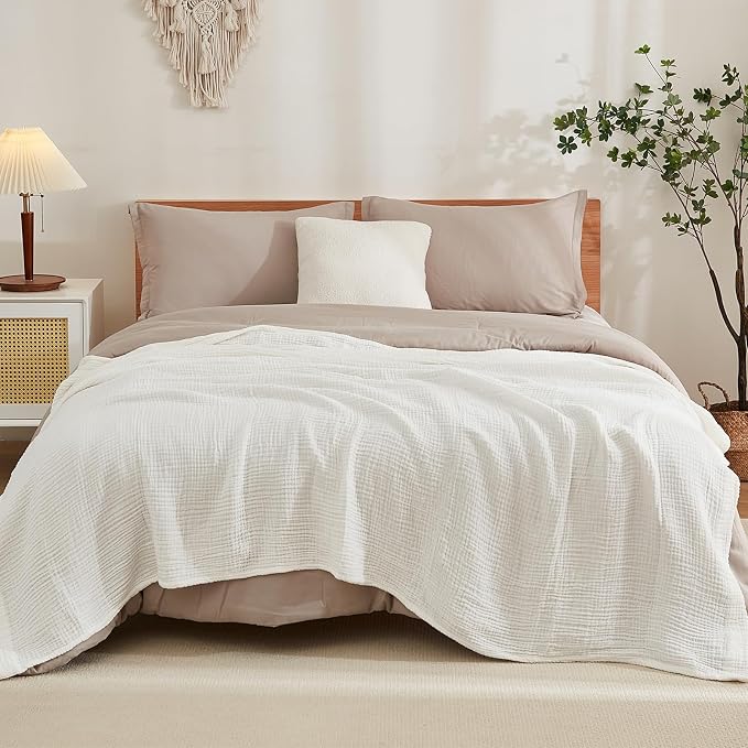 EMME Cotton Muslin Queen Blanket Bed Layering Bedspread Coverlet Breathable Gauze Soft Lightweight Adults (White,90"x90") | Summer Throw Blankets for Bed Breathable Gauze Blanket All Year Round Soft & Lightweight Pre-Washed Cotton Blanket Duvet