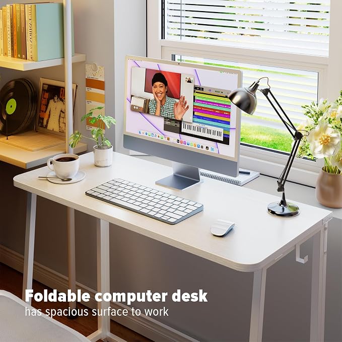 WOHOMO Folding Desk, 39.4" Foldable Computer Table for Small Spaces, White | Easy Assembly and Fold, Sturdy Home office desks for Study Bedroom Dorm Space Saving Writing Work Apartment