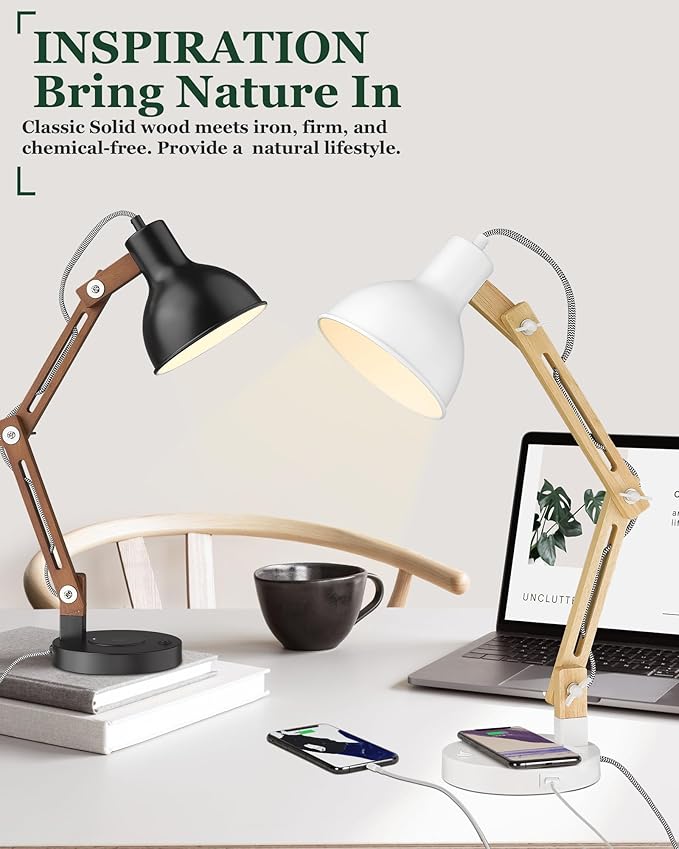 ELYONA White Desk Lamp with Wireless Charger, Solid Wood Table Lamp with USB C Charging Port, Swing Arm Reading Task Light with 5W LED Bulb for College Dorm, Office, Living Room, Bedroom, Farmhouse