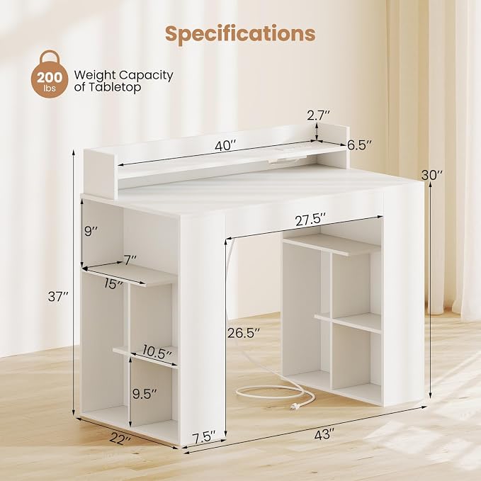 Giantex White Desk with Storage Shelves, 43" Home Office Computer Desk with Charging Station, Dual 3 Tier Bookshelf & Monitor Stand, PC Table Workstation, Modern Study Writing Desk for Bedroom, Dorm