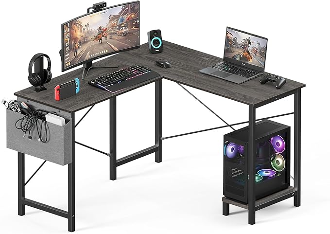 OLIXIS L Shaped Desk, Gaming Desk, Corner Table 50 Inch | Side Bag, Reversible Shelf, Home Work Study Writing, PC Workstation, Easy Assembly, Grey