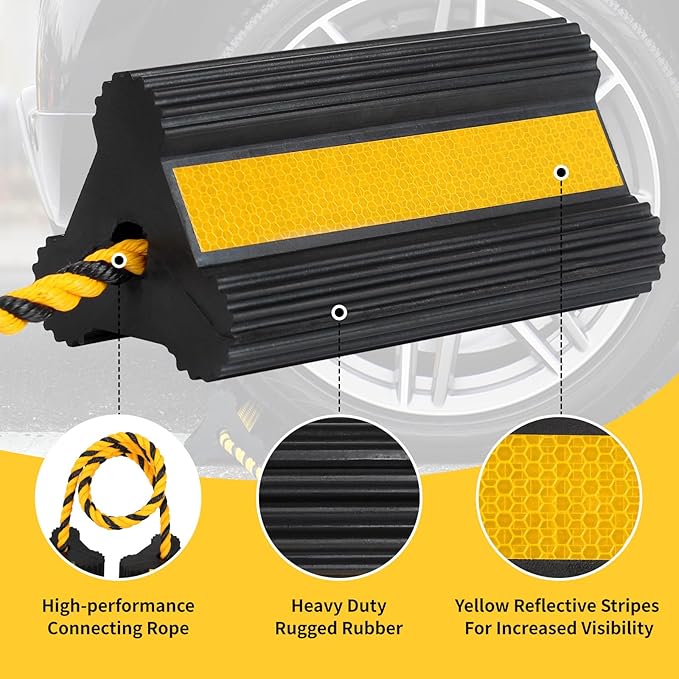 OULEME Heavy Duty Rubber Wheel Chocks, 2 Pair, Non-Slip Tire Stopper Blocks with Rope, for RV Camper Travel Trailers Motorhome Aircraft Car Truck