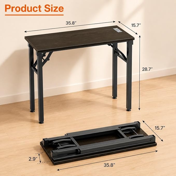 Folding Table Computer Desk - 35.8" No Assembly Folding Desk with Power Outlets & USB Charging Port, Small Desk, Foldable Office Desk, Compact Storage Portable Use for Small Space, Dark Oak