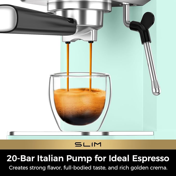 CHULUX Slim Espresso Machine with Milk Frother for Home Latte, Pastel Green | Precise Pressure Gauge, Food-Grade Materials, 20 Bar Italian Pump, Professional Temperature Control System, Stainless Steel
