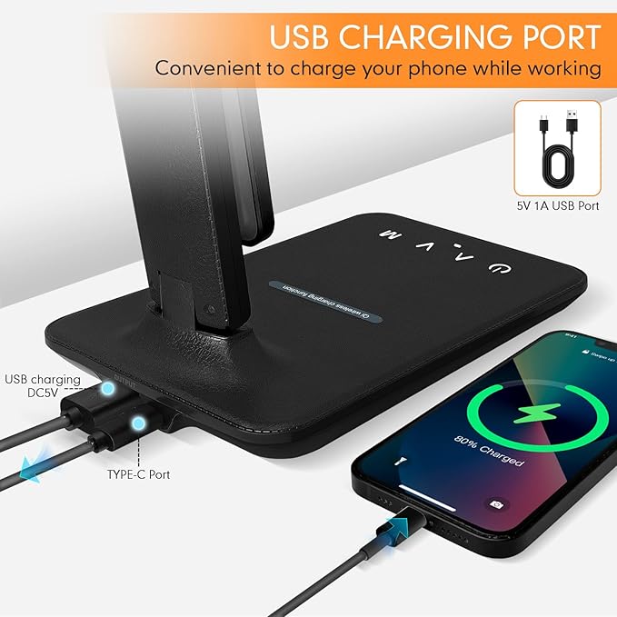 White crown LED Desk Lamp with 15W Wireless Charger & USB Port, Dimmable Table Lamp with 5 Lighting Modes, Sensitive Touch Control, Foldable & Portable Desk Light for Home, Office, Bedroom, Reading