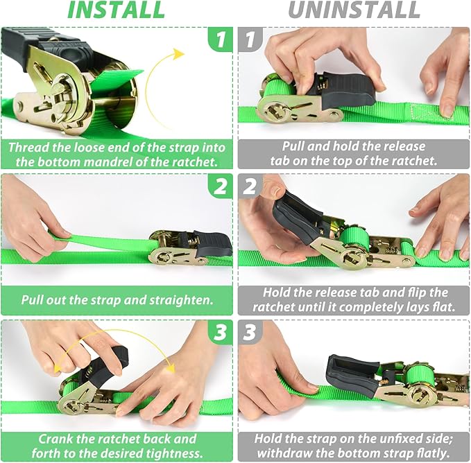 Ratchet Tie Down Strap 8-Pack 15 Ft - 500 lbs Load Cap with 1500 lbs Breaking Limit, Ohuhu Ratchet Tie Downs Logistic Cargo Straps for Moving Appliances, Motorcycle, Green