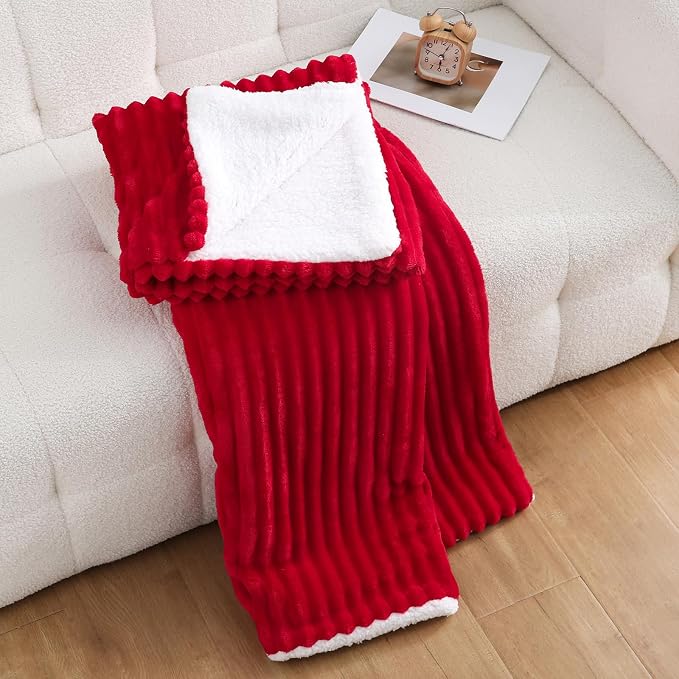 Red Sherpa Fleece Throw Blanket 50”×60” for Couch Sofa Bed | Double Side Soft Fuzzy Cozy Plush Thick Flannel Blanket with Striped Design Gift for Adults,Woman