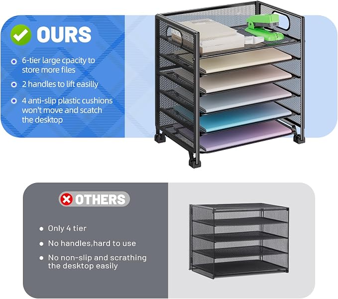 Simple Trending 6-Tier Paper Tray Organizer, File Organizer for Desk, Black | Letter Tray Holder with Handle. Sturdy Metal Frame. Non-slip Feet. Black for Office Home School. 13.35"L x 9.35"W x 15.6"H