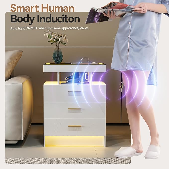 White Night Stand with Wireless Charging Station,Smart Bedside Table with 3 Drawers,Modern Glass Top End Table with 3 Color Dimmable,LED Nightstand for Bedroom