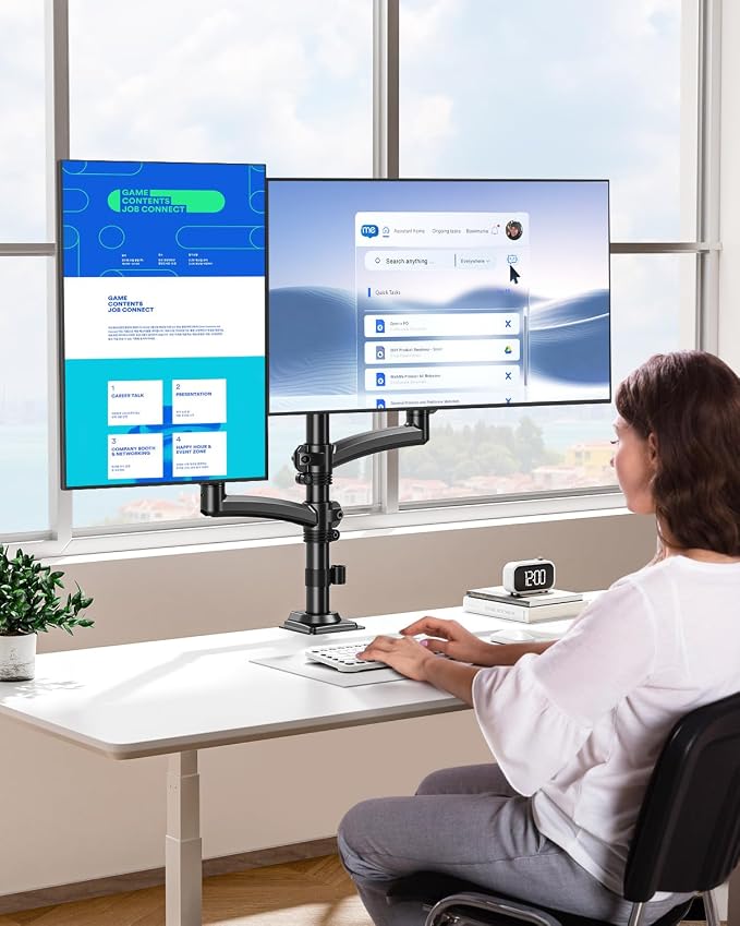 Dual Monitor Stand for Computer Screen up to 32", Holds 22 lbs Each | Taller Monitor Arms Desk Mount, Height Adjustable Gas Spring VESA Mount with C-clamp Grommet Mounting, Black, Freelift