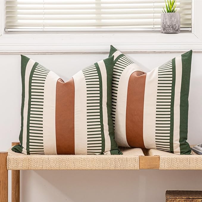 Decorative Farmhouse Throw Pillow Covers 18x18 Accent Faux Leather Pillowcase Rustic Boho Decor,Olive Green and Beige (Cover ONLY, Pack of 2)