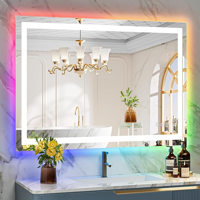 44x32 Inch RGB LED Bathroom Mirror Front Light and RGB Backlit Lighted Vanity Mirror for Bathroom Wall Mounted Dimmable Anti Fog Memory Shatter-Proof IP54 Waterproof Horizontal/Vertical