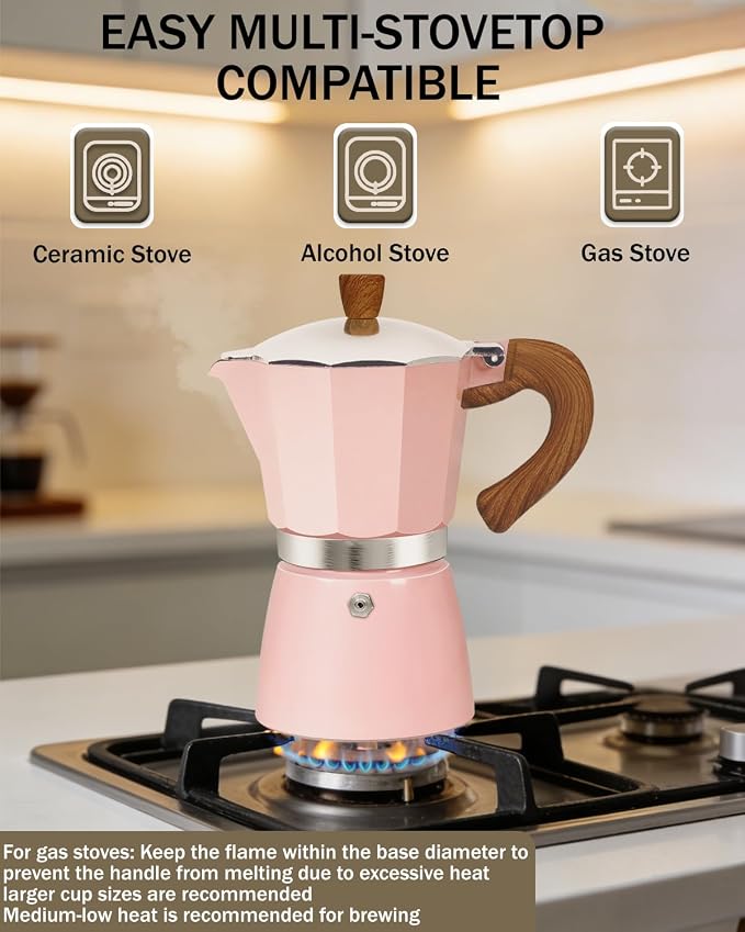 Coffee Maker Stovetop Espresso Maker 9 Cup Aluminum Moka Pot Percolator 15oz 450ml Easy Brewing for Electric Ceramic Stoves Home Camping Italian Cuban Café Classic Pink