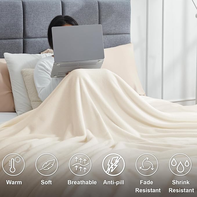 Hansleep Queen Beige Fleece Blanket, Soft Flannel Bed Blanket | Fuzzy Cozy Blanket 90x90 Inches, Multi-use for Bed, Sofa, Couch, Travel, Camping, All Season Warm Lightweight Cover