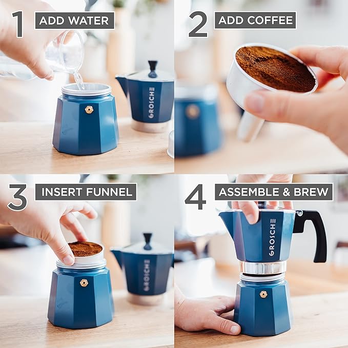 GROSCHE Milano Stovetop Espresso Maker Moka Pot 6 espresso Cup, 9.3 oz Blue | Cuban Coffee Maker And Italian Moka Pot For Stovetop Espresso; For Gas, Electric, And Propane Stoves With A Soft-Touch Handle