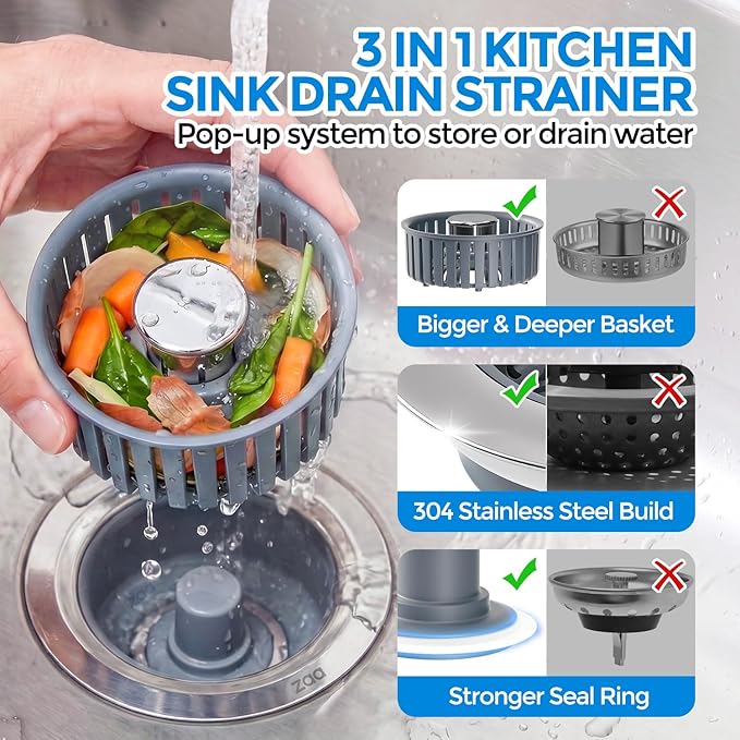zaa 3 in 1 Kitchen Sink Drain Strainer Stopper Removable Basket Pop-Up | Kitchen Sink Accessories 1 Pack Silver Stainless - Food Catcher, Odor-Blocking Seal, Fits 3.5" Drain, Easy Clean