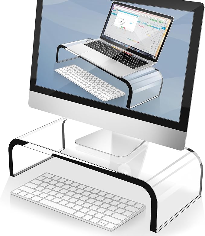 AboveTEK Acrylic Monitor Stand – Clear Monitor Riser & Computer Desk Stand, Premium Acrylic Laptop Stand for Home Office, PC TV Stand with Keyboard Storage Heavy Duty Desk Riser
