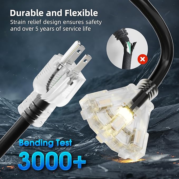 100 FT Outdoor Extension Cord with Multiple Outlets, 12 Gauge Heavy Duty Black Extension Cord Waterproof with 3 Outlet, 3 Prong Power Cord for Garden and Home Use Indicator Light, ETL Listed