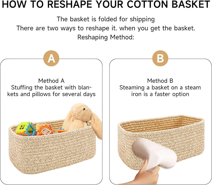 MiniArk Small Storage Baskets for Organizing | Closet Organizer Bins | Shelf Toy Basket | Woven Rope Baskets | Cube Decorative Box | Shallow Basket | 13x8.5x5.1” | 3 Packs Yellow