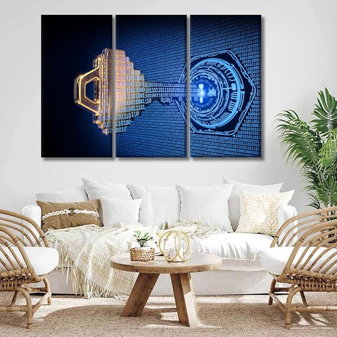 3 Panel Framed Wall Art A Key Formed from Binary Code Goes Into an Abstract Lock Posters and Prints for Bedroom Living Room Wall Decoratio, Ready to Hang, 20x40inchx3
