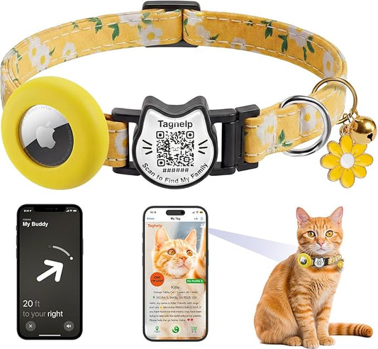 Breakaway Cat Collar with QR Code ID & AirTag Holder, Adjustable Cotton Kitten Collar with Bell, Cute Floral Safety Collar for Indoor & Outdoor Cats Pastoral Style with airtag Holder(Yellow)