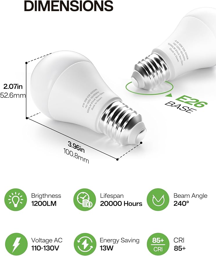 Dusk to Dawn Sensor LED Outdoor Light Bulb, Daylight White 5000K, A19 13W(100 Watt Equivalent) Bright Porch Lighting, 1200LM, Auto-On/Off Photocell Sensor for Garage Yard Patio Garden- 6 Pack