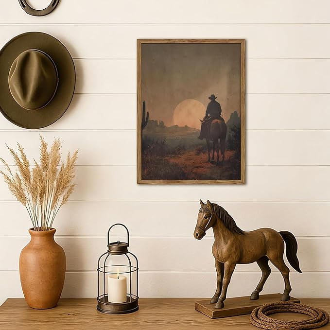 Vintage Cowboy Wall Art Western Country Wall Decor Painting, Southwestern Desert Cactus Poster Canvas Print Picture Retro Rustic Horse Artwork for Living Room Bedroom 16x24 inch Wood Framed