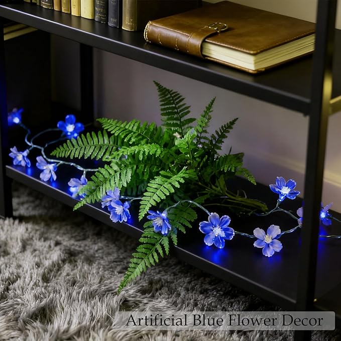 Cute Blue Cherry Blossom Flower Fairy String Lights Indoor Bedroom Decor, 10ft 30 LED Battery & USB Operated Lighted Up Floral lamp for Birthday Wedding Home Valentine Party Decorations (Blue)