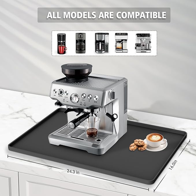 Silicone Coffee Mat 24"x16", Single Piece Anti-Vibration Under Coffee Maker Mat, Non-Slip Espresso Machine Mat with 10mm Raised Edge, Noise Reduction Countertop Protector, Fits Breville Ninja Keurig