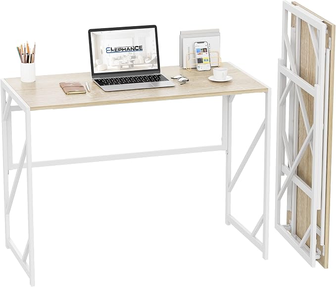 Elephance Folding Desk Writing Computer Desk for Home Office No-Assembly | Study Office Desk,Foldable Table for Small Spaces,39.4 Inch,Beige