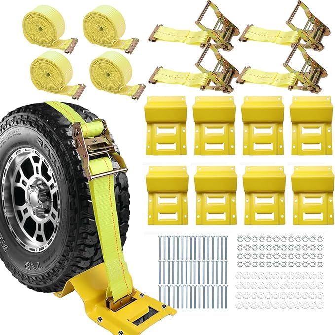 Wheel Chock Tie Down Kit 1500LBS for Trailer & Pickup Trucks - ATV, RZR, Lawn Mower, UTV Tie Down Straps -Heavy Duty Trailer Tire Straps System (4-Wheel Set)