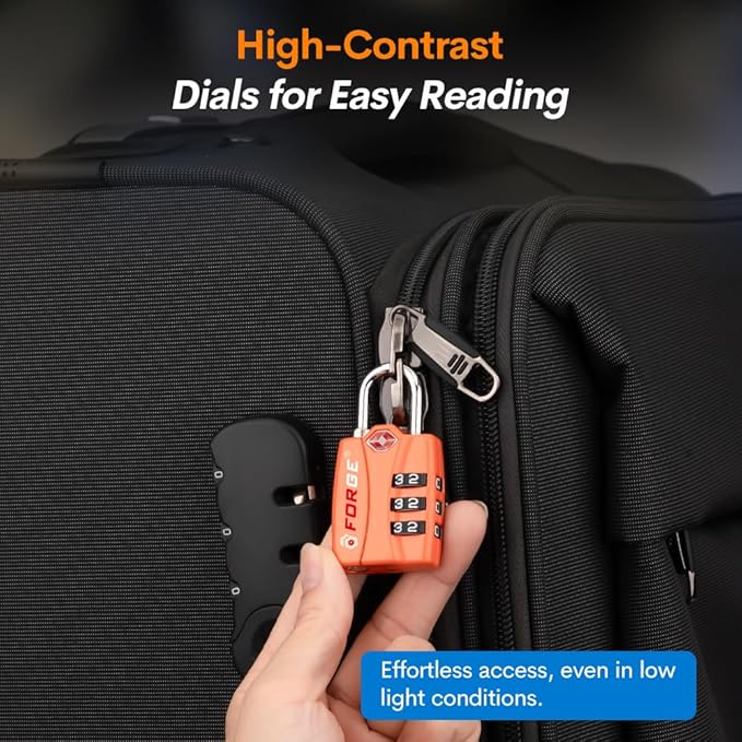 Forge TSA Luggage Combination Lock - Open Alert Indicator, Easy Read Dials, Alloy Body- Ideal for Travel, Lockers, Bags (Orange 2PK)