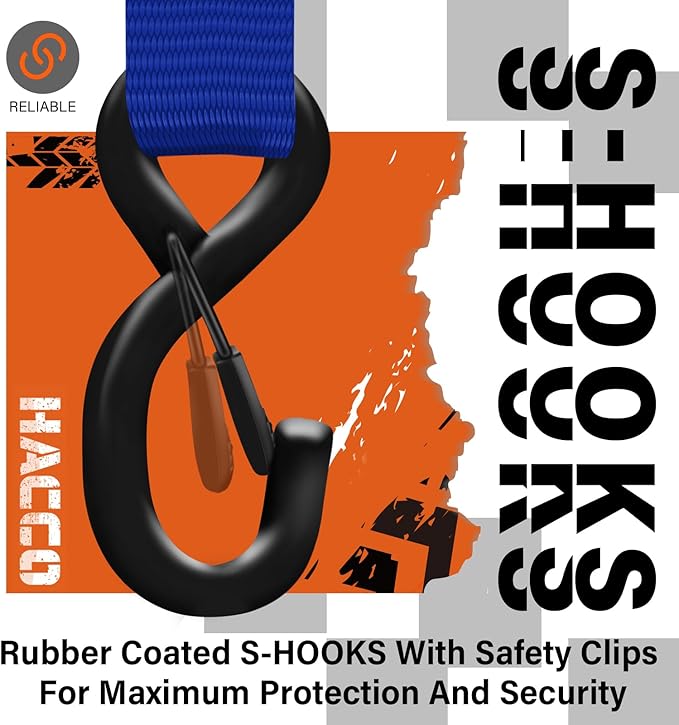 HACCOPLANET Ratchet Straps, 5280lb Break Strengeth, 16FT x 1.6" Heavy Duty Ratchet Tie Down Strap Set w/Padded Handle, S Hook, Soft Loop for UTV Motorcycle Truck Cargo Straps (Blue, 16FT)