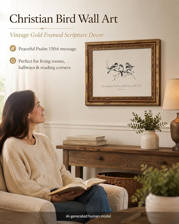 Vintage Gold Framed Bird Wall Art, Christian Bible Verse, 12 x 16 in | Sketch bird canvas with Christian scripture and vintage gold frame for living rooms, bedrooms, hallways, or prayer spaces.