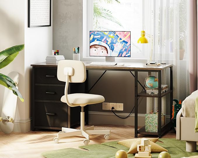 AODK 51 Inch Computer Desk with Drawers & USB Power Outlets | Reversible Home Office Desk with Storage Shelves, Work from Home, Modern Work/Writing/Study Table for Bedroom, Grey Oak