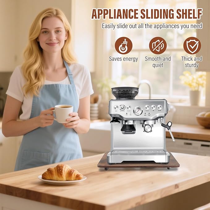 Appliance Slider 360° Rolling Tray for Coffee Maker, Under Coffee Maker Mat | Wood Large 15.7"×13" Coffee Pot Rolling Tray, Quiet Wheels, Kitchen Countertop Sliding Mat, Easily from Under The Cabinet