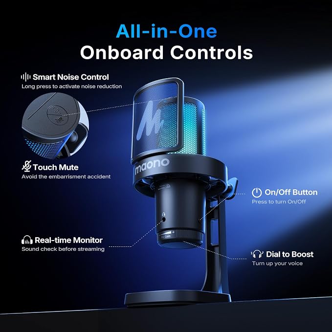 MAONO DGM20W Wireless Gaming Microphone for PC & Smartphones | USB-C Receiver, Clear Voice, Noise Reduction, Software Control, Custom RGB, Mute, Desk Stand, for Creators, Discord Streaming