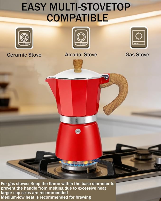 Coffee Maker Stovetop Espresso Maker 6 Cup Aluminum Moka Pot Percolator 10oz 300ml Easy Brewing for Electric Ceramic Stoves Home Camping Italian Cuban Café Classic Red